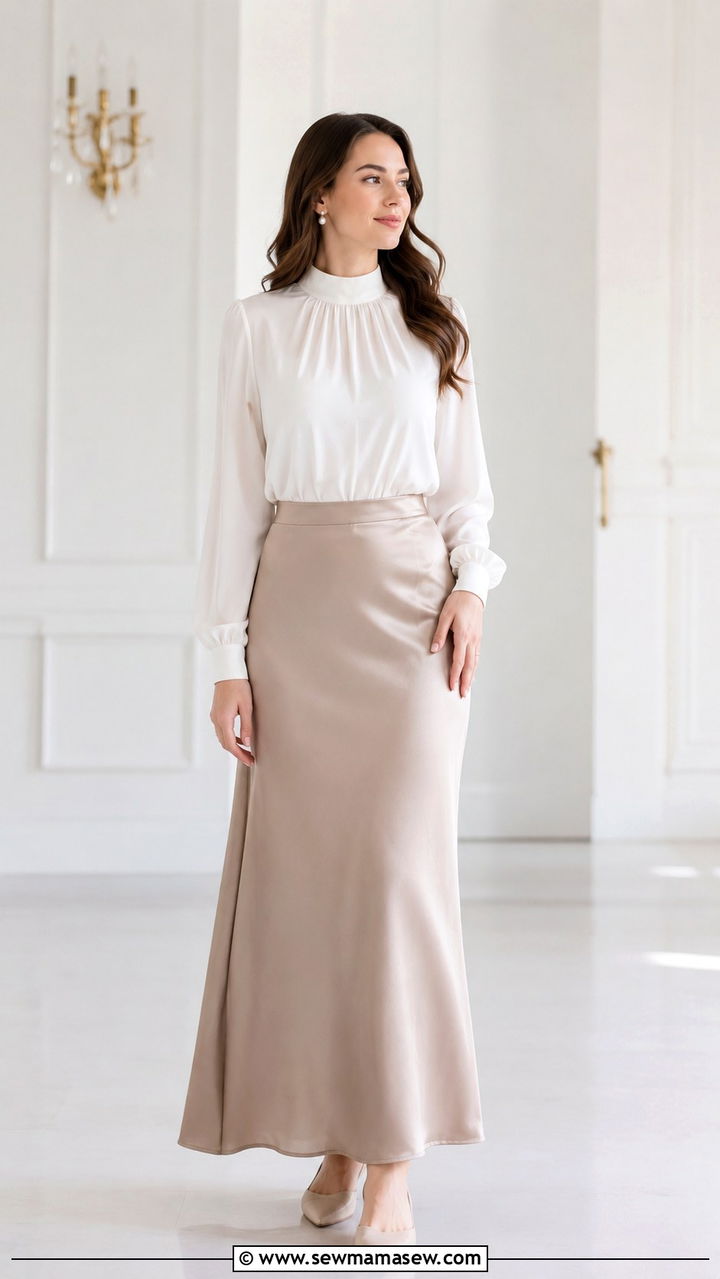 White Blouse with Beige Satin Skirt - 25 outfit ideas for modest women