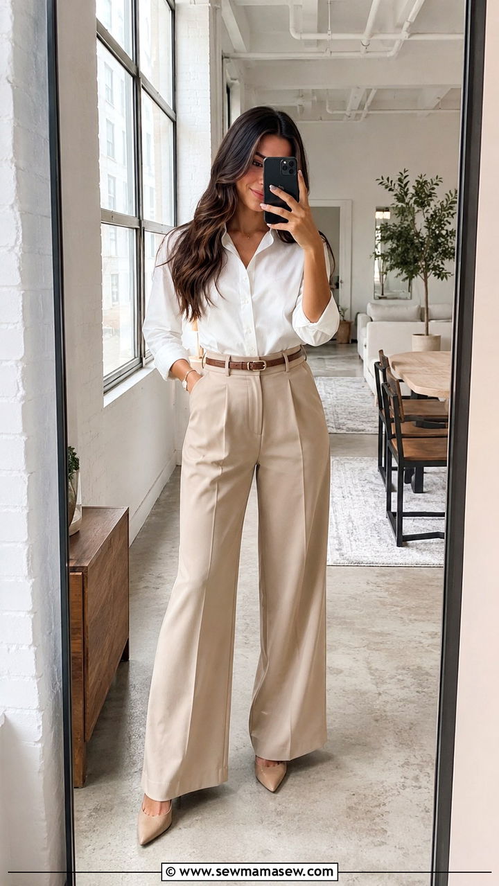 White Blouse with Beige Wide Leg Trousers - 30 LinkedIn photo outfit ideas