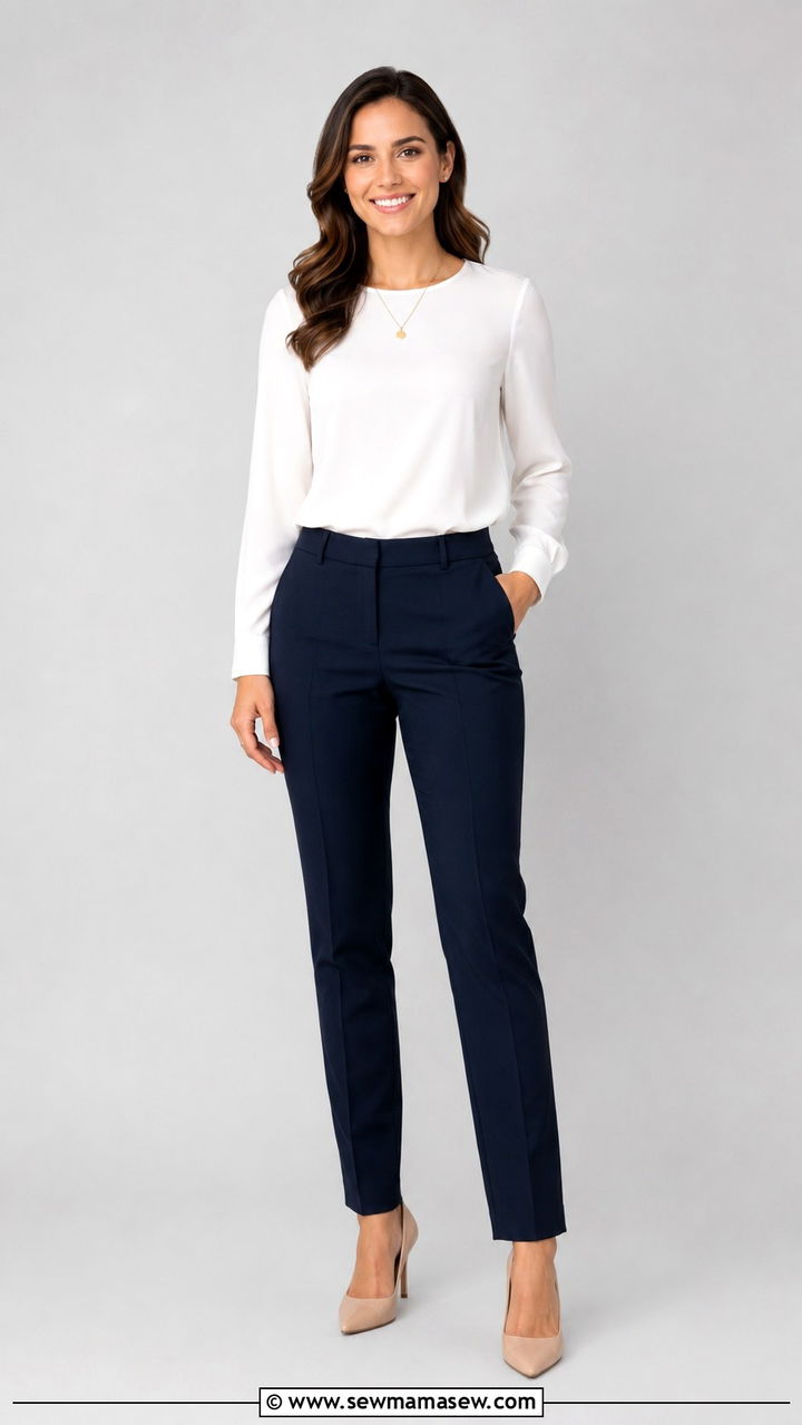 White Blouse with Navy Trousers and Delicate Necklace - 30 Professional headshot outfit ideas for women