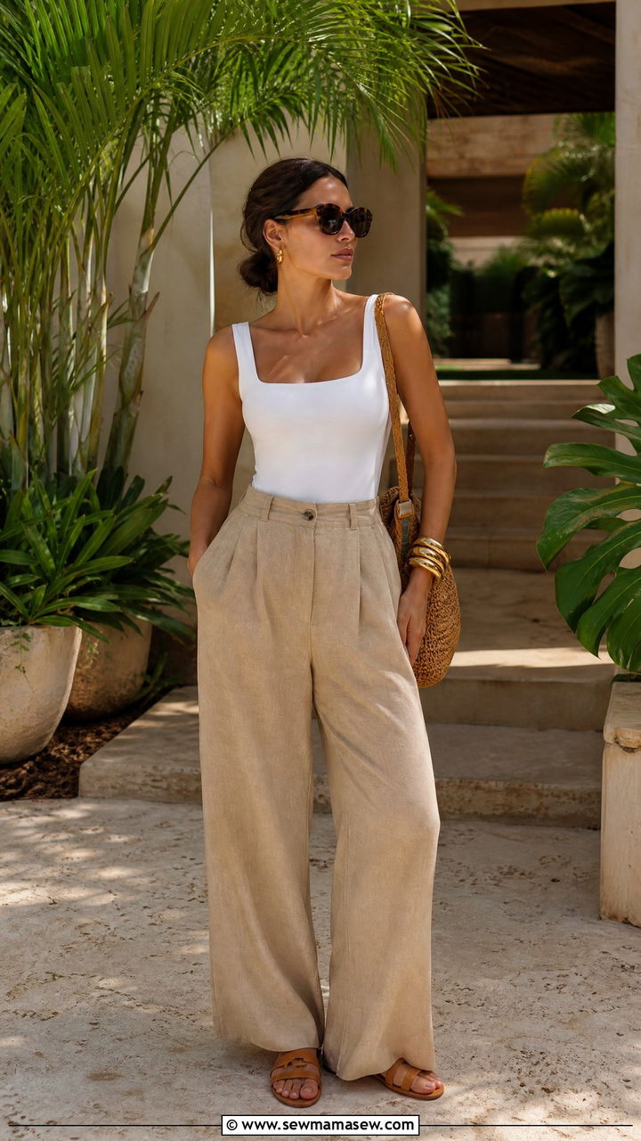 White Bodysuit with Khaki Linen Pants - 25 Khaki and white outfit ideas
