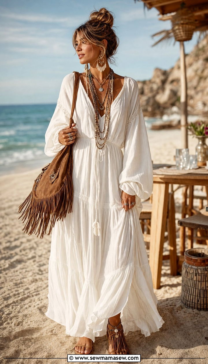White Boho Maxi Dress With Fringe Sandals - 25 spring white dress outfit ideas