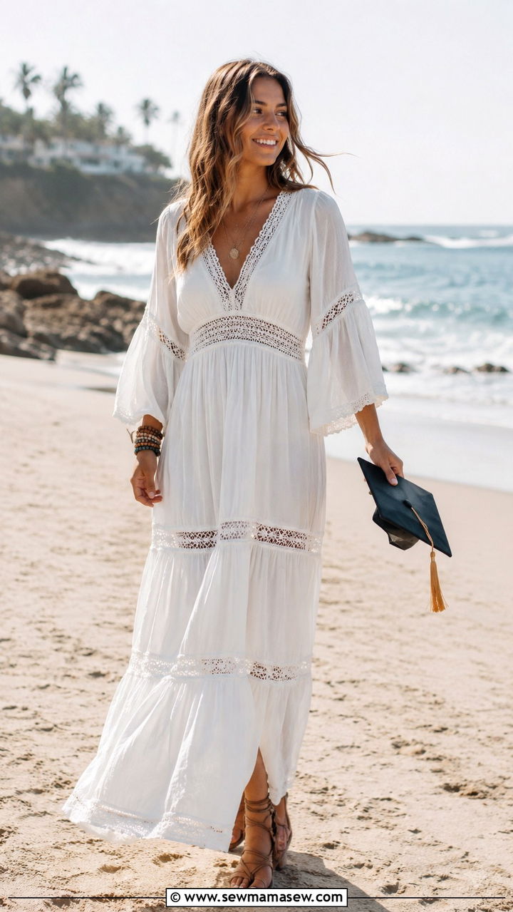 White Boho Maxi Dress With Stacked Bracelets - 25 White graduation dress ideas