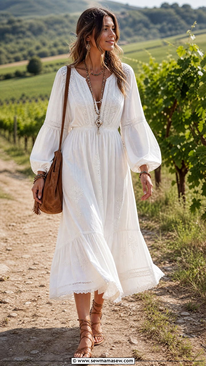 White Boho Peasant Dress With Flat Sandals - 30 Summer outfits in white