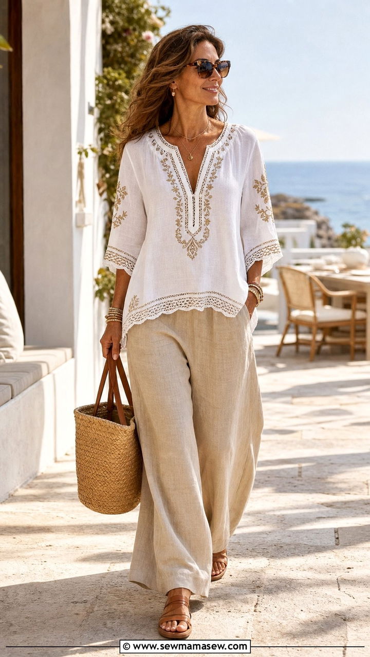 White Boho Top with Beige Linen Pants - 35 Brunch outfits for women over 40