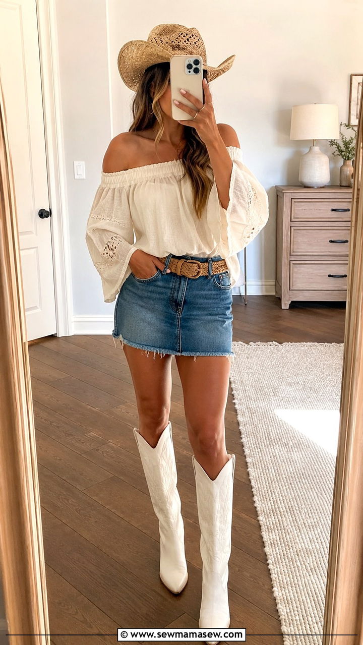 White Boots with Denim Skirt Outfit - 30 chic country concert outfits for women