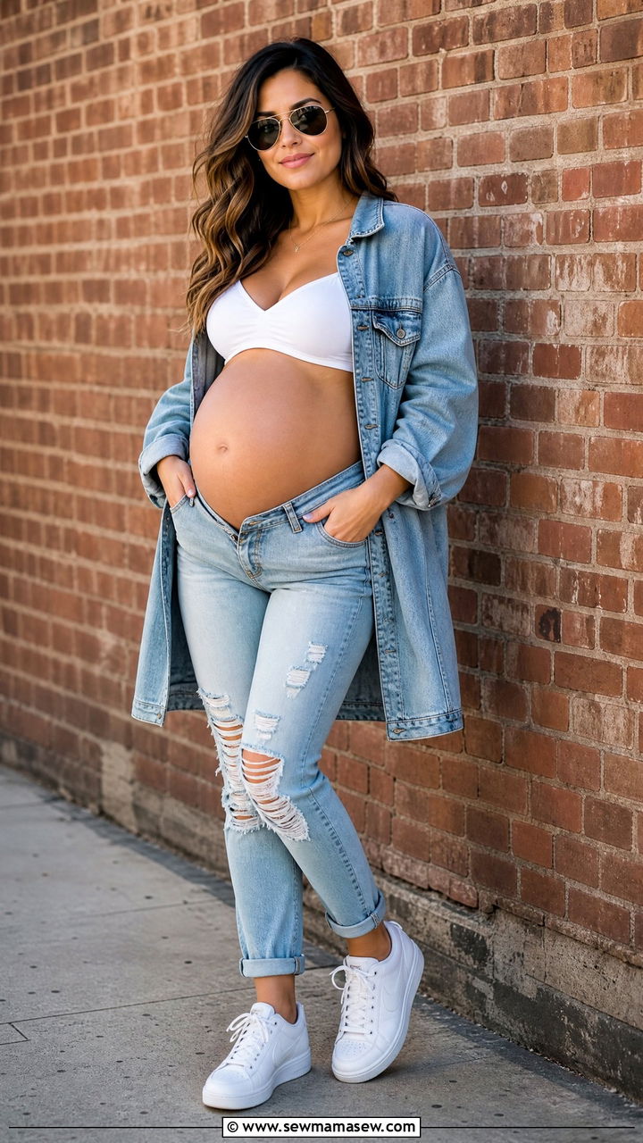 White Bralette And Distressed Jeans Maternity Photoshoot Outfit - 25 Maternity outfit ideas for photoshoot