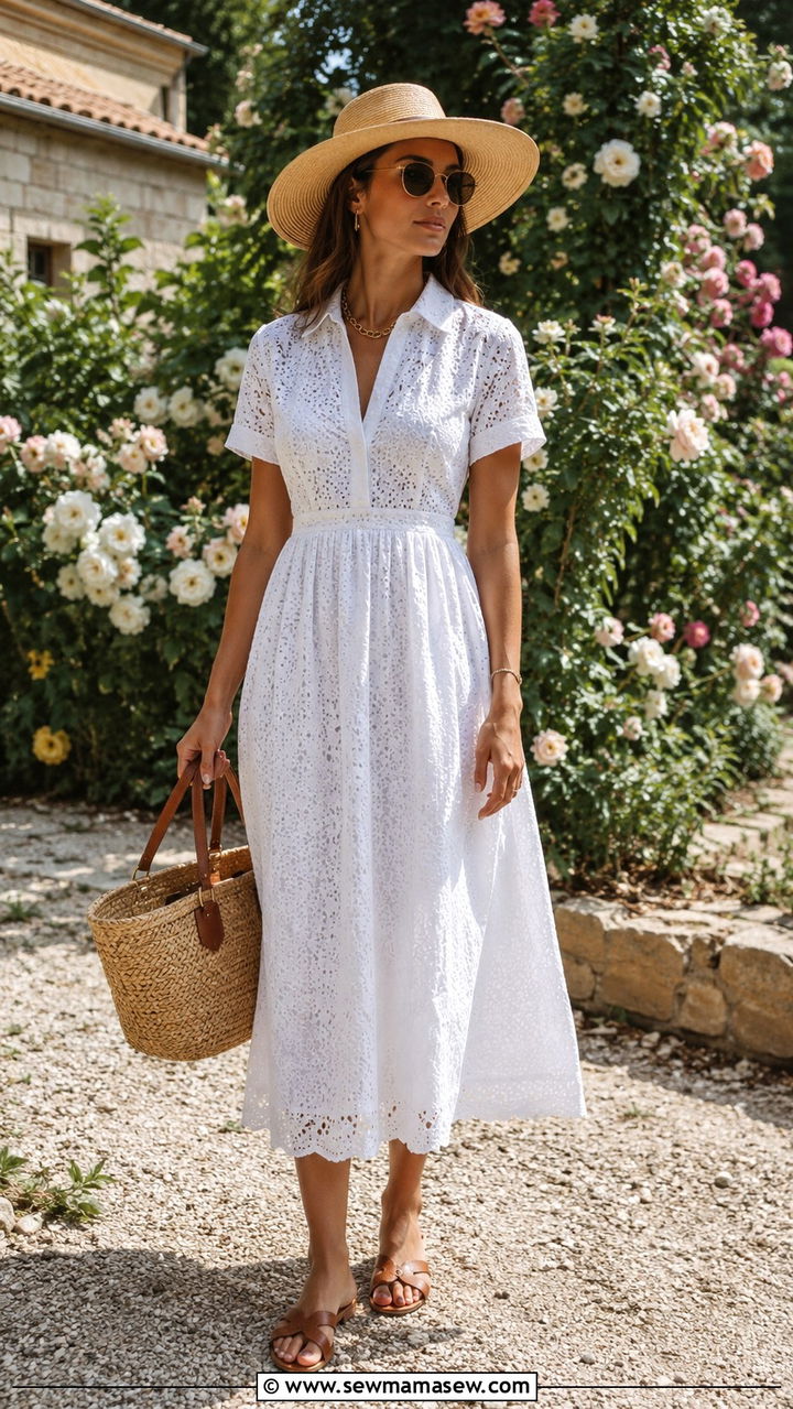 White Broderie Anglaise Dress with Straw Hat and Leather Sandals - 30 old money outfits inspo