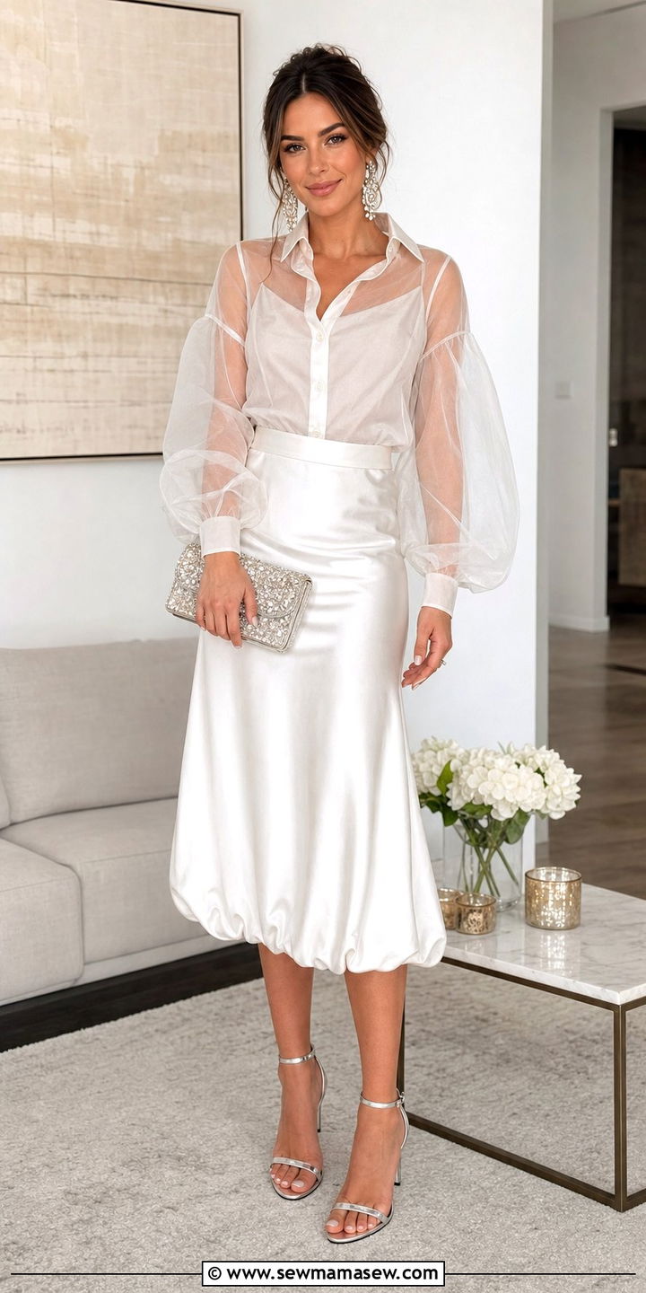 White Bubble Skirt With Sheer Blouse and Strappy Heels - 25 spring bubble skirt outfit ideas