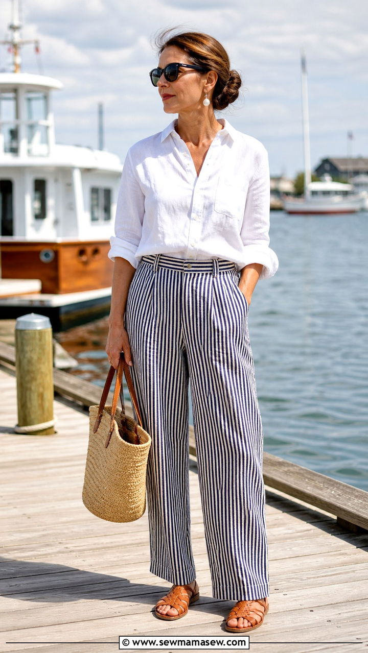 White Button Down And Striped Linen Pants - 40 summer coastal grandmother outfits