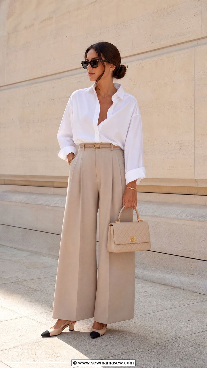 White Button Down Blouse With Wide Leg Trousers And Chanel Bag - 30 French girl outfit ideas with Chanel bag