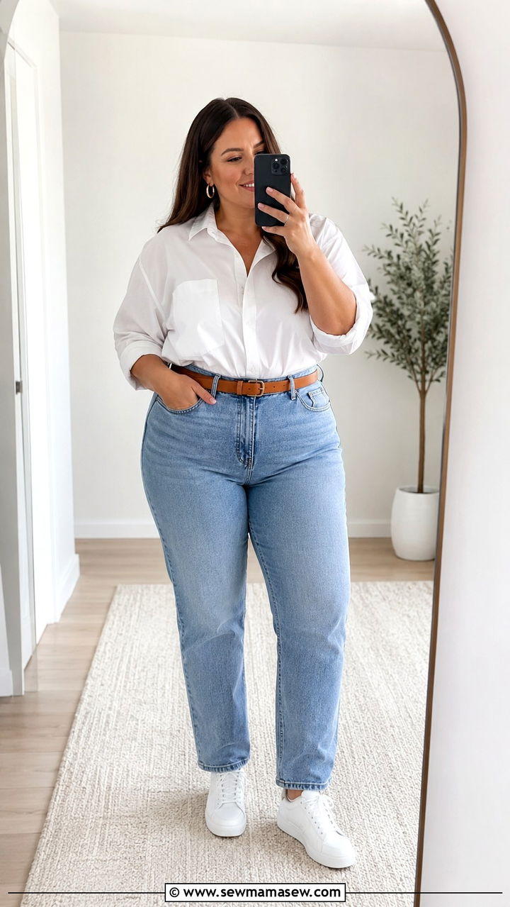 White Button Down Blouse with High Waisted Jeans - 30 spring plus size outfit ideas