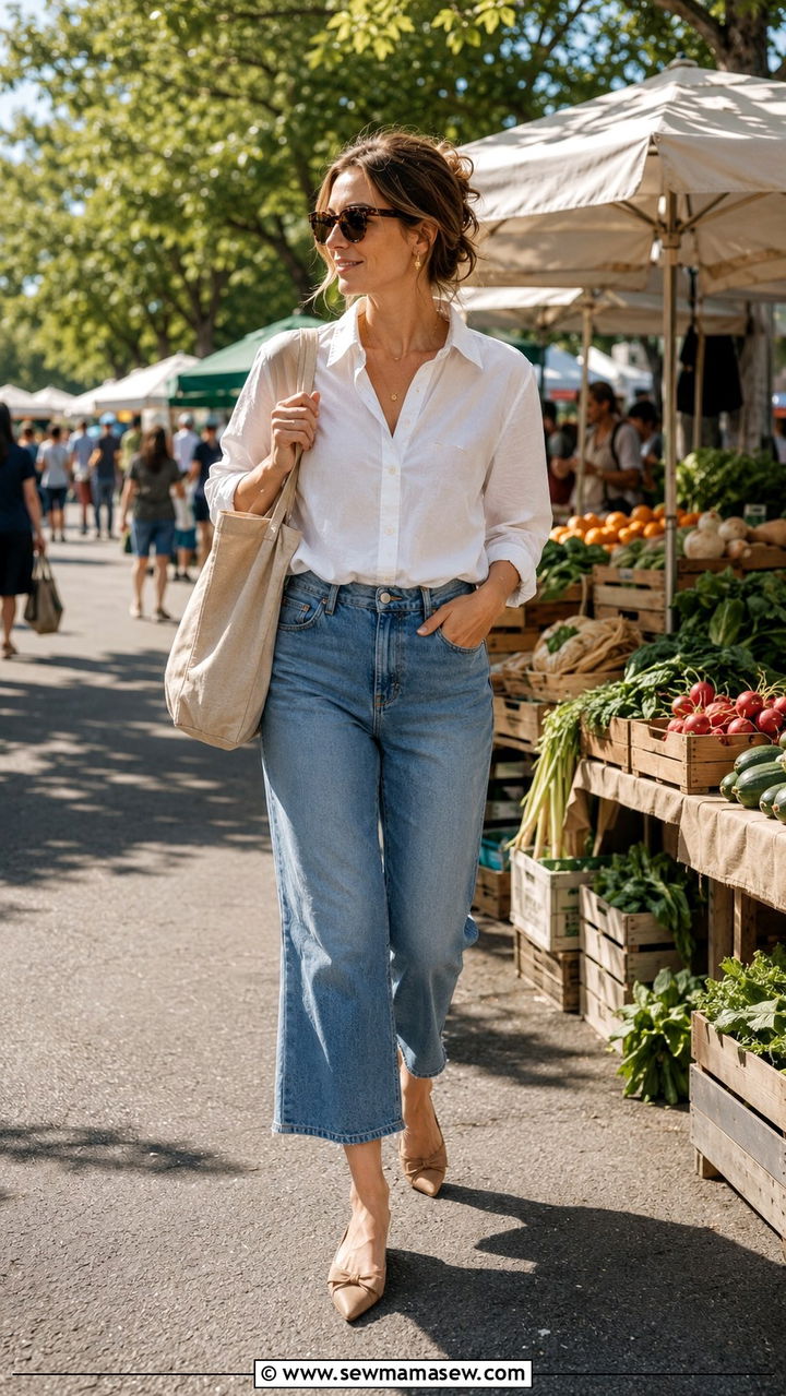 White Button Down French Tucked with Cropped Wide Leg Jeans - 30 casual white button down shirt outfits