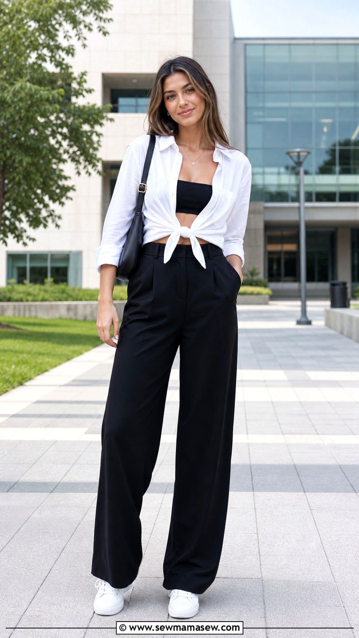 White Button Down Knotted Over A Bandeau With Wide Leg Trousers - 40 back to school outfit ideas