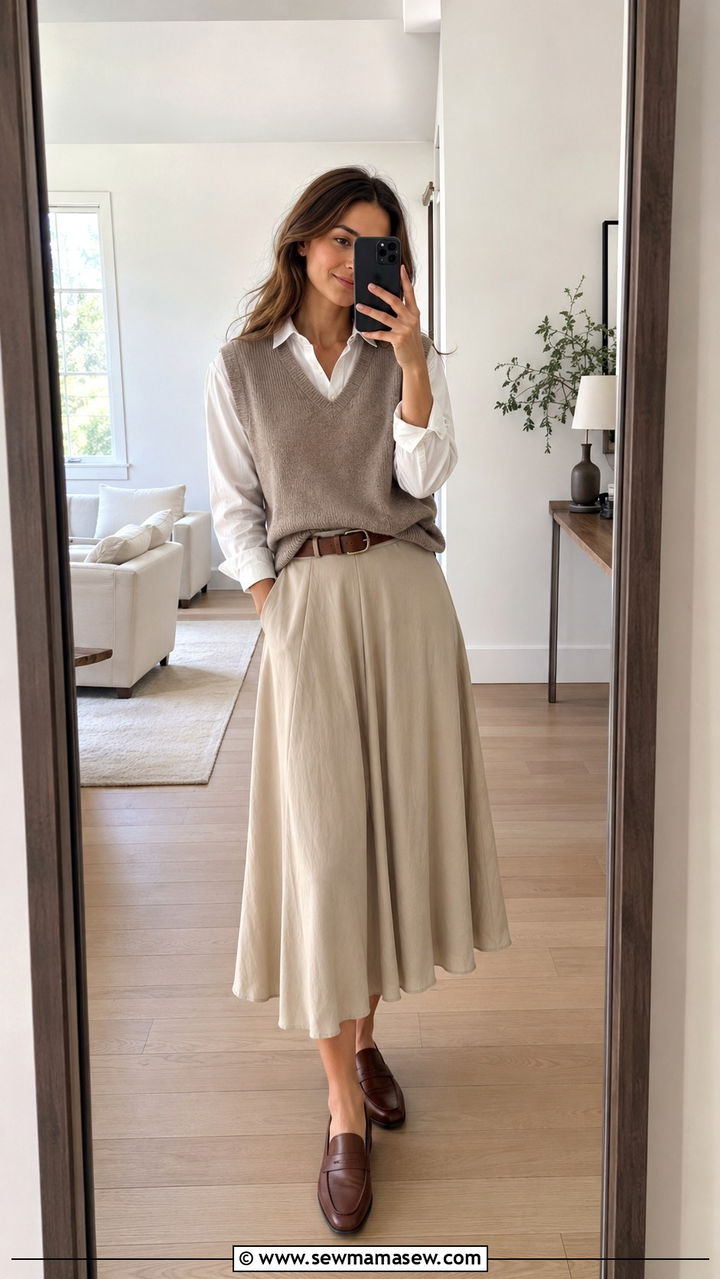 White Button Down Layered Under A Sweater Vest With A Midi Skirt - 30 transitional neutral outfit ideas