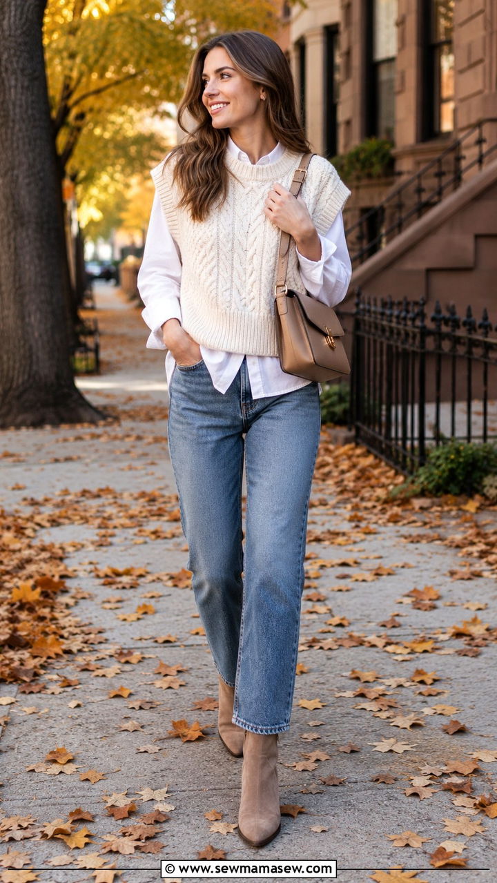 White Button Down Layered Under a Chunky Knit Vest with Jeans - 30 casual white button down shirt outfits