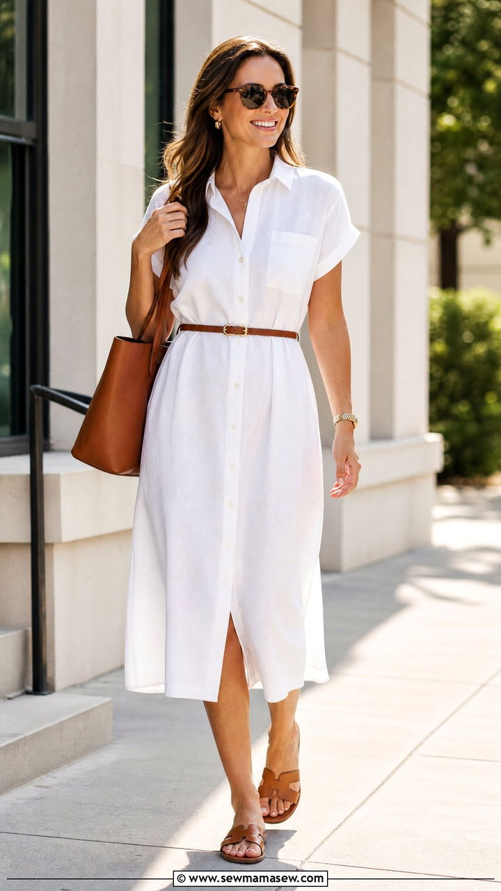 White Button Down Midi Dress With Tan Sandals - 25 Business casual outfits with midi dress