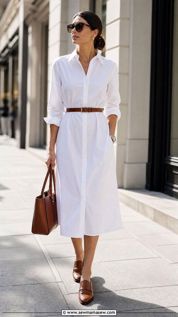 White Button Down Midi Shirt Dress with Leather Belt and Loafers - 30 Midi dress outfit ideas with a belt