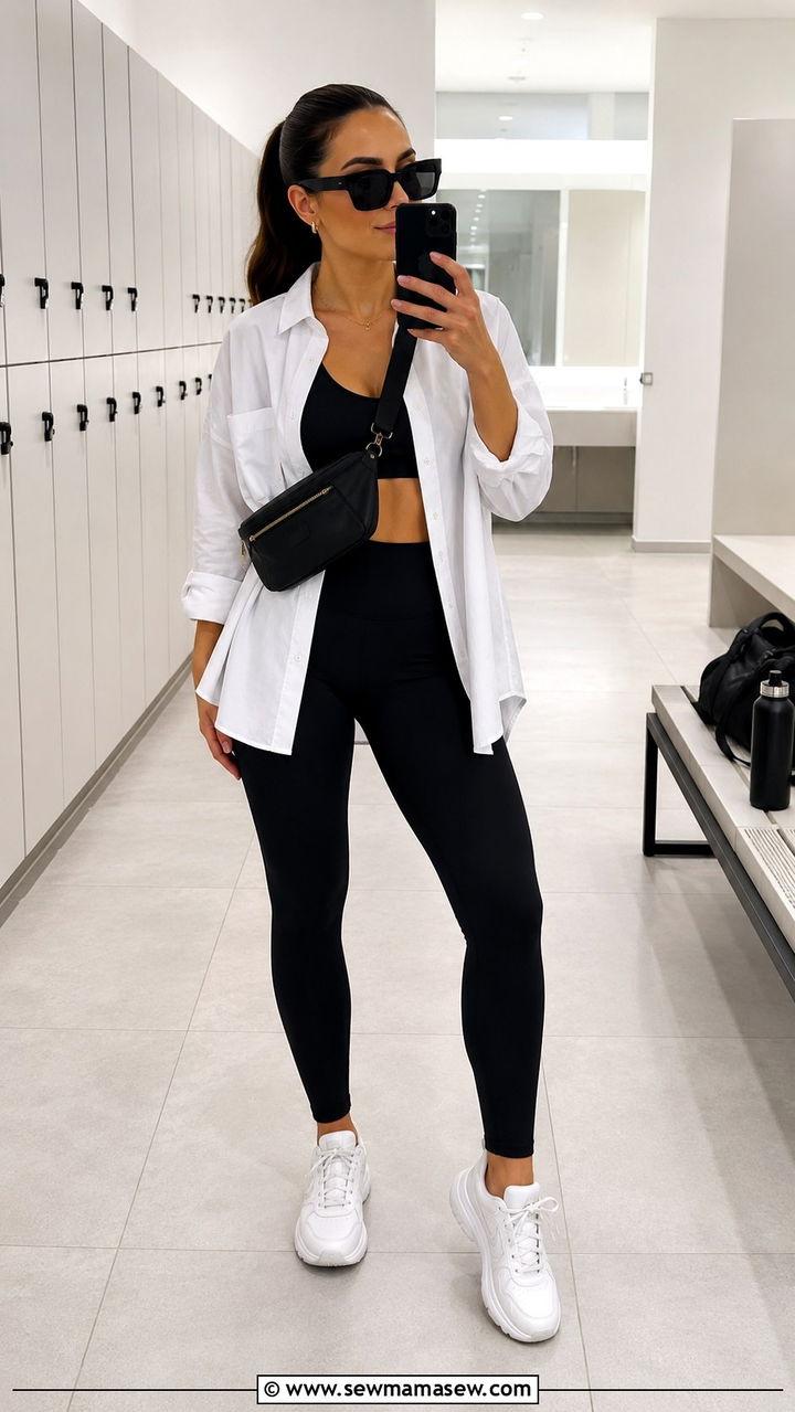 White Button Down Open Over a Matching Workout Set - 30 casual white button down shirt outfits