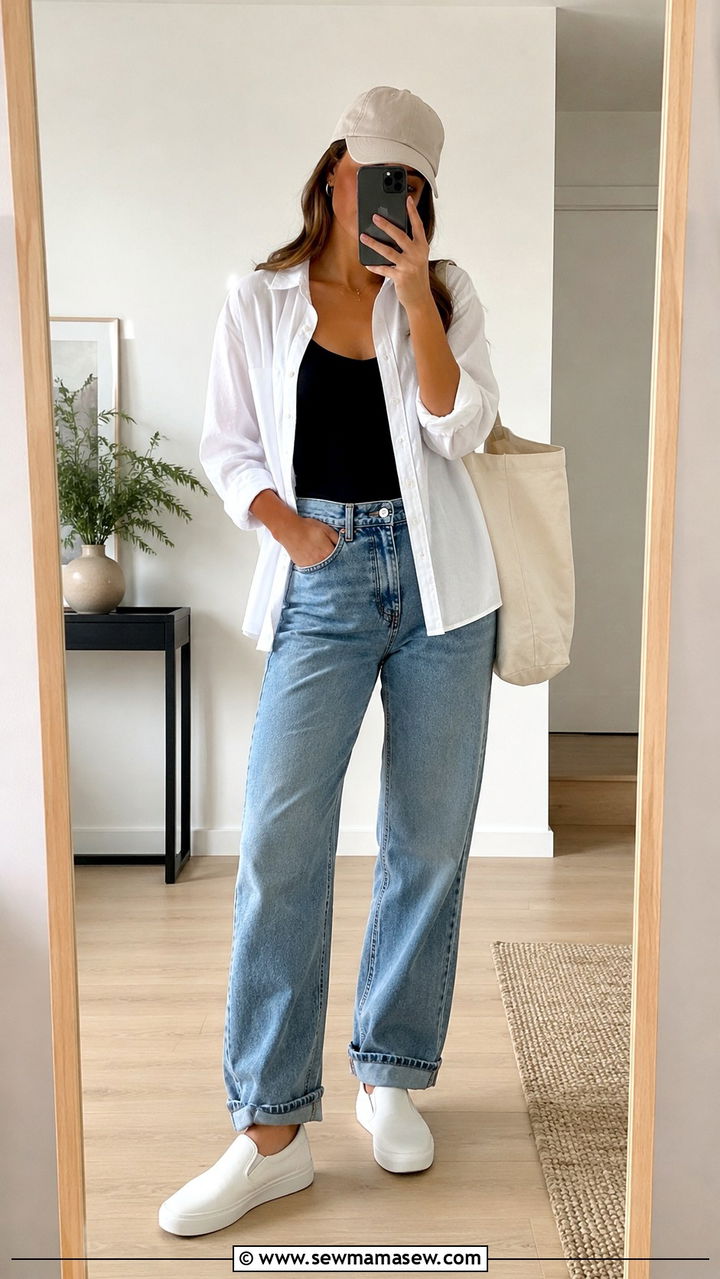 White Button Down Open Over a Tank with Relaxed Jeans - 30 casual white button down shirt outfits