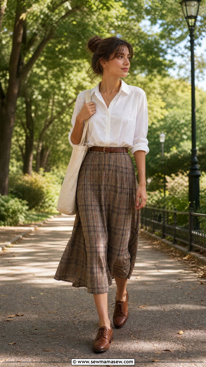 White Button Down Shirt And Plaid Midi Skirt Outfit - 25 light academia outfits 2026