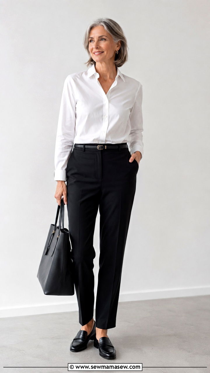 White Button Down Shirt And Tailored Trousers - 30 Minimalist outfit ideas for women over 50
