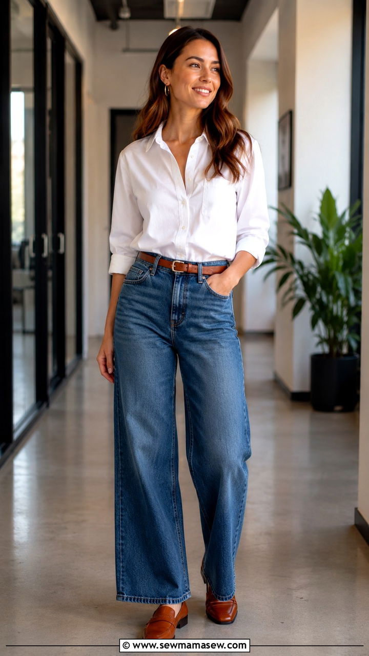 White Button Down Shirt And Wide Leg Jeans With Loafers - 25 Wide leg jeans outfit ideas with loafers
