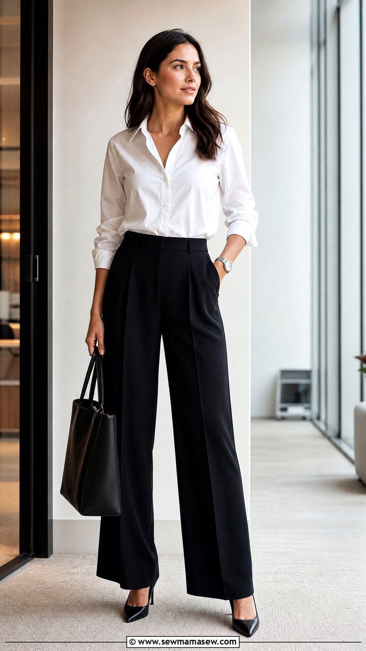 White Button Down Shirt And Wide Leg Trousers - 35 Minimalist outfit ideas for work