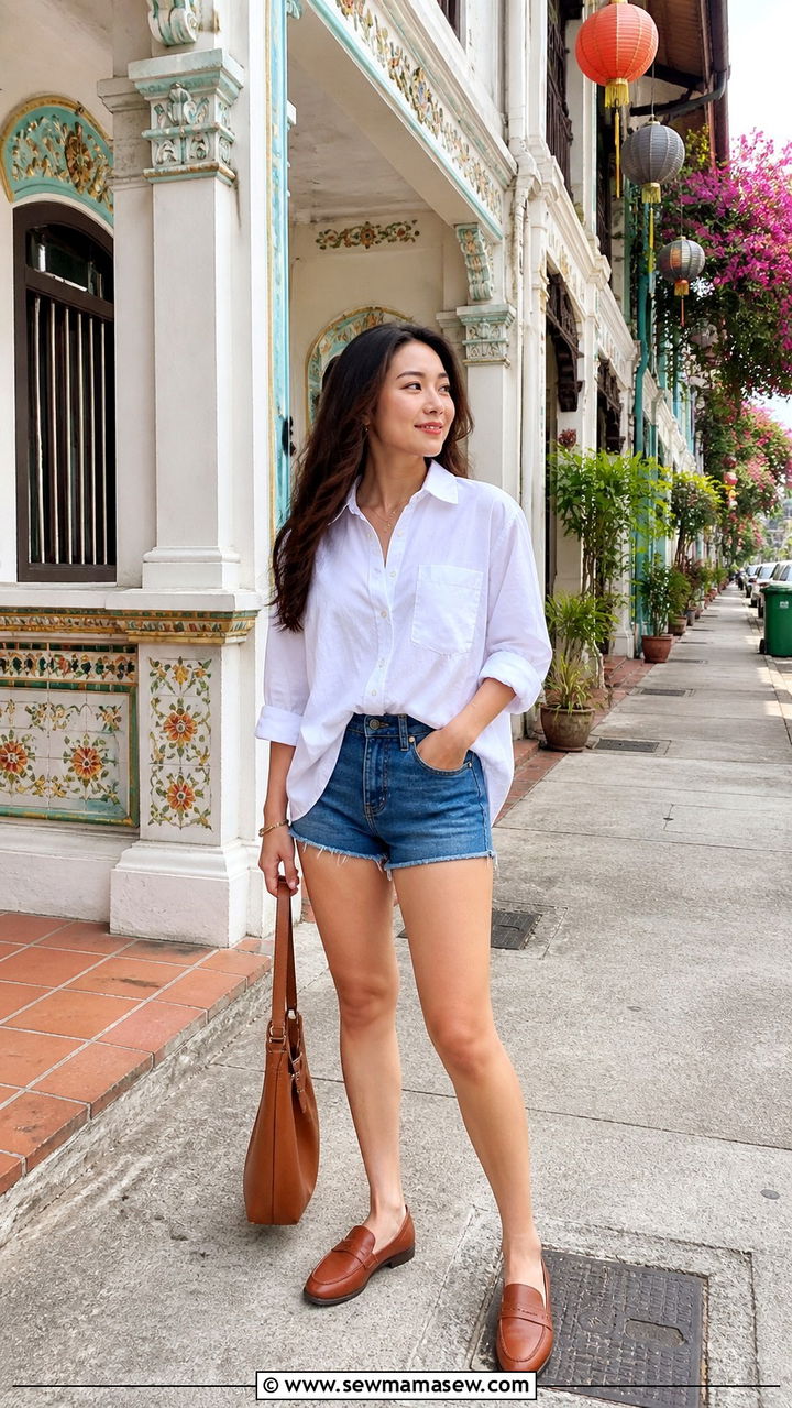 White Button Down Shirt Denim Shorts Loafers - 40 Singapore outfit ideas