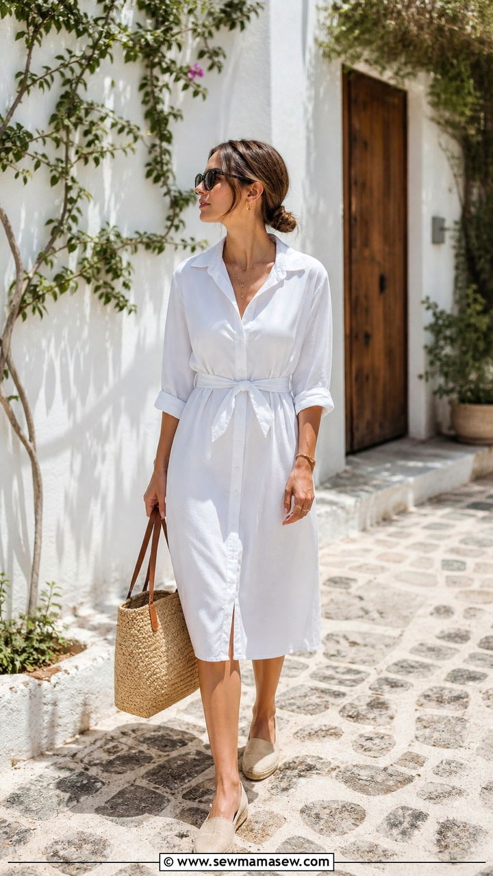 White Button Down Shirt Dress and Espadrilles - 40 summer minimalist outfits