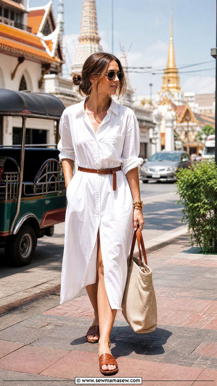 White Button Down Shirt Dress with Woven Leather Sandals - 25 Bangkok outfit ideas