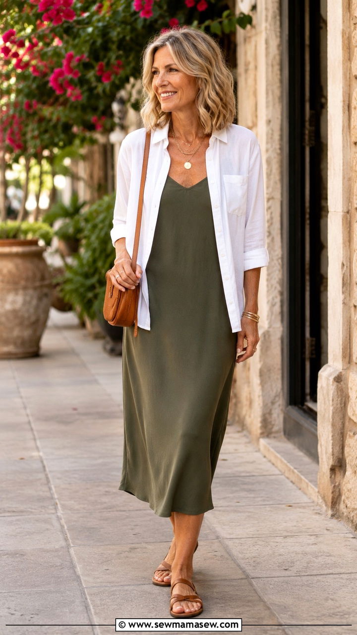 White Button Down Shirt Layered Open Over A Slip Dress - 25 white button down shirt outfits for women over 40