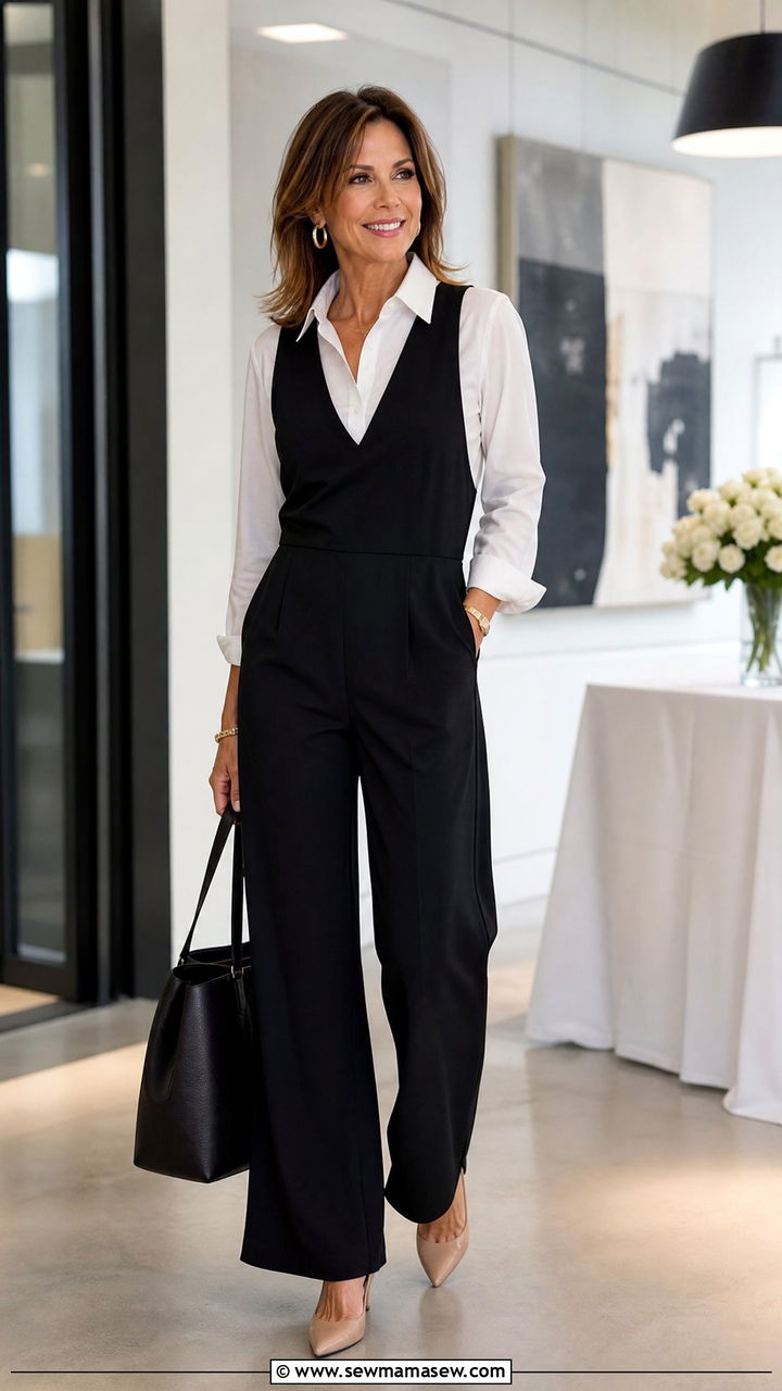 White Button Down Shirt Layered Under A Black Jumpsuit - 25 white button down shirt outfits for women over 40