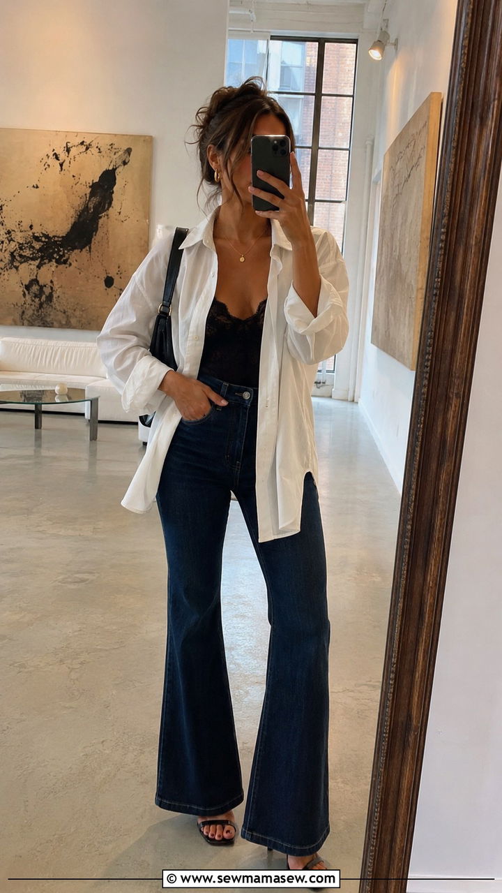 White Button Down Shirt Over A Lace Cami With Dark Flared Jeans - 30 classy romantic outfit ideas