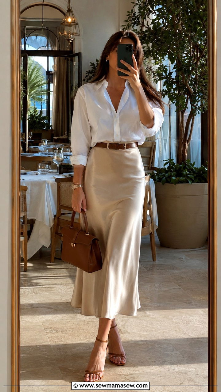 White Button Down Shirt Tucked Into Midi Skirt Outfit - 25 white button down shirt outfit ideas for women