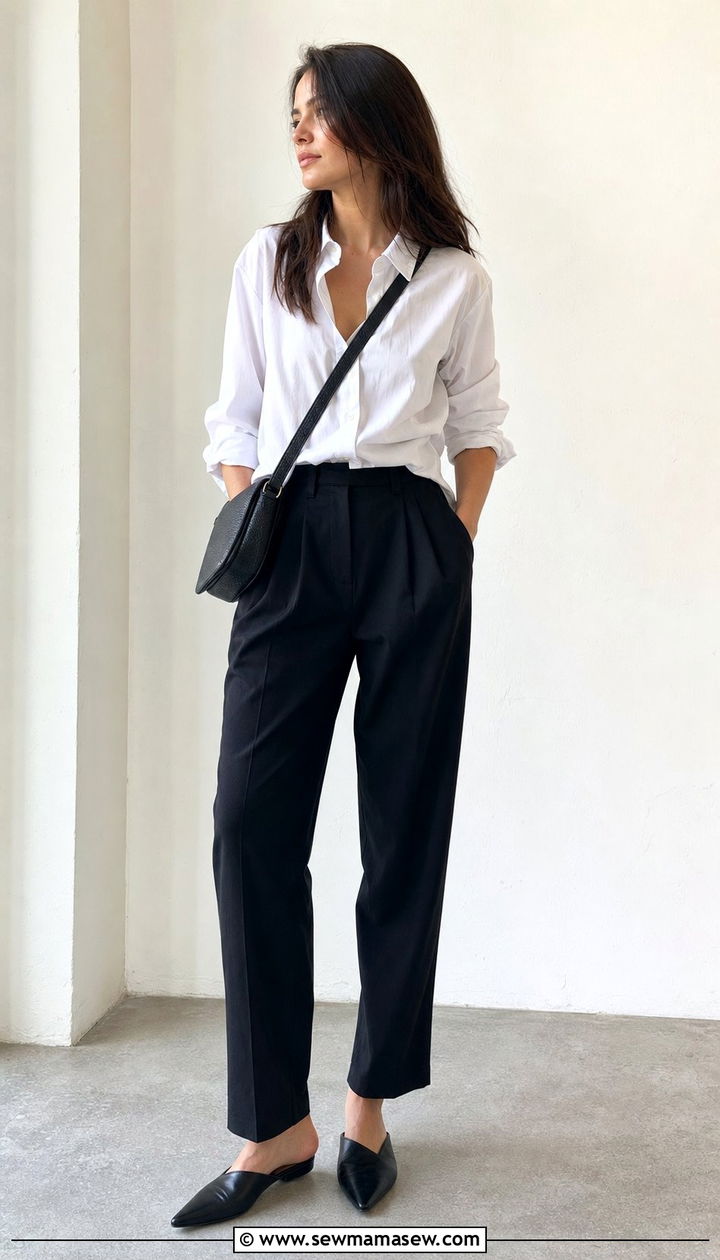 White Button Down Shirt Tucked into High Waisted Relaxed Pants - 25 spring model off duty outfit ideas
