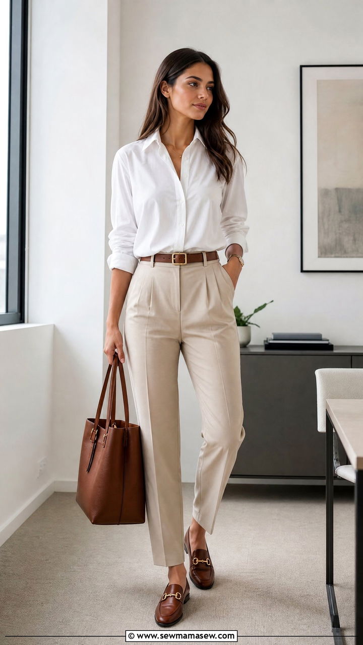 White Button Down Shirt With Beige Trousers And Leather Loafers - 30 clean girl outfits ideas