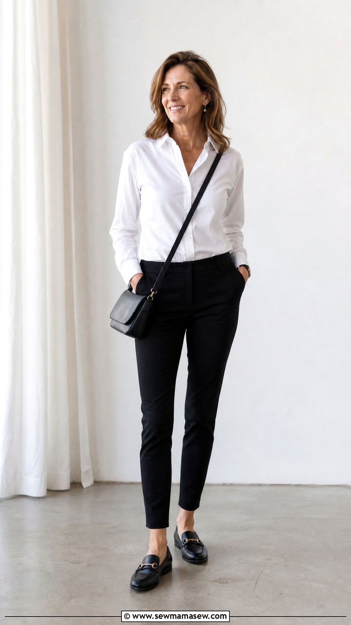 White Button Down Shirt With Black Ankle Pants Women Over 40 - 35 Minimalist outfits for women over 40