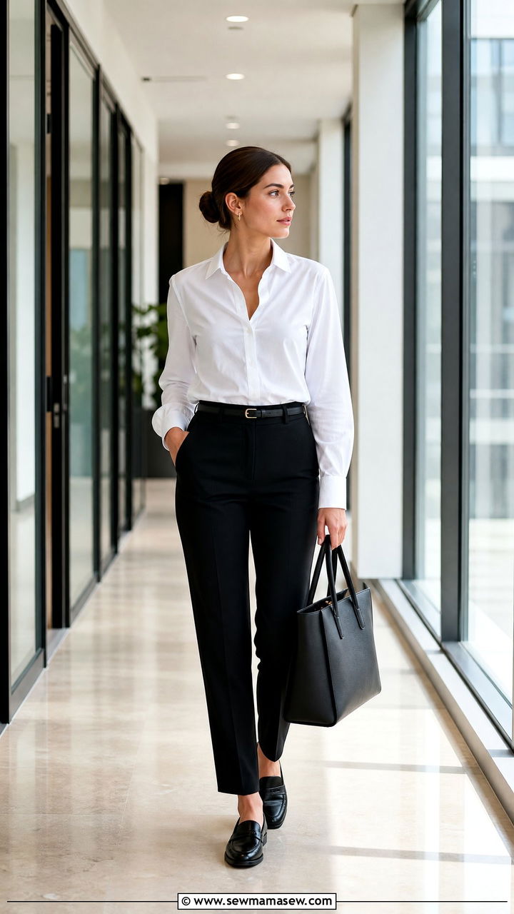 White Button Down Shirt With Black Tailored Trousers - 25 Business casual outfits with button down