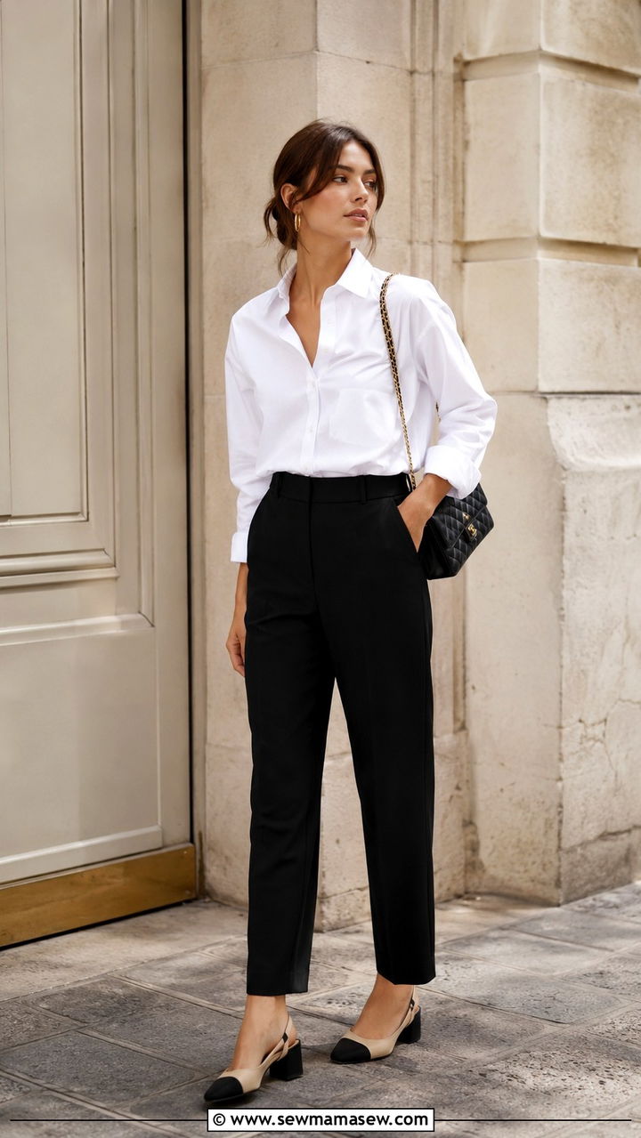 White Button Down Shirt With Black Trousers And Slingback Heels - 30 Parisian capsule wardrobe 2026