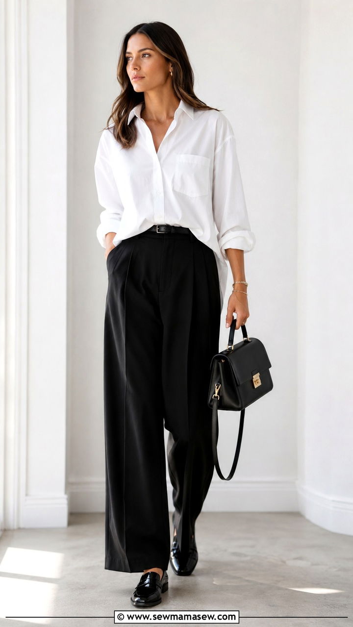 White Button Down Shirt With Black Wide Leg Trousers and Loafers - 30 business casual outfits 2026