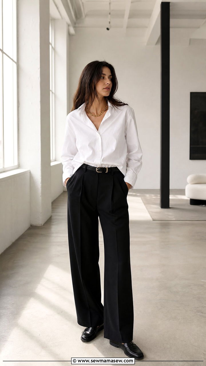 White Button Down Shirt With Black Wide Leg Trousers and Loafers - 25 Caroline de Maigret outfit ideas