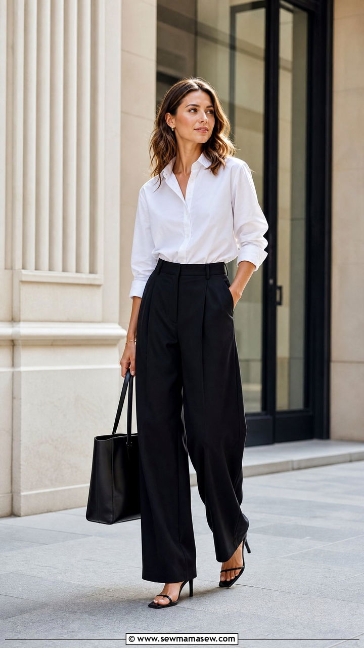 White Button Down Shirt With Black Wide Leg Trousers - 30 Formal office outfit ideas
