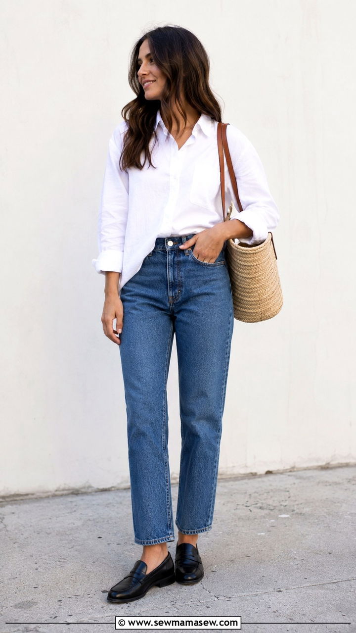 White Button Down Shirt With Blue Denim And Loafers - 20 French girl outfit ideas Caroline de Maigret