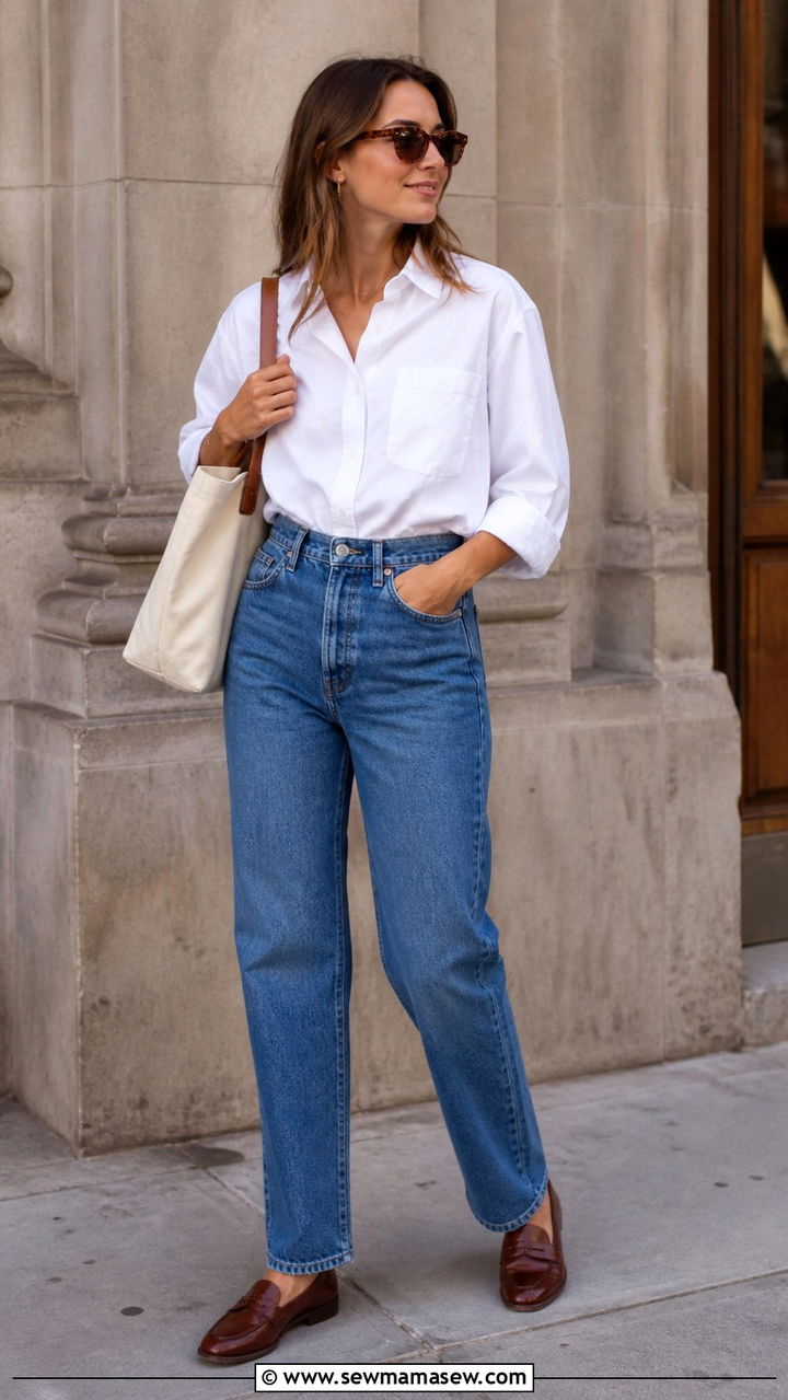 White Button Down Shirt With Blue Denim - 40 French girl outfit ideas