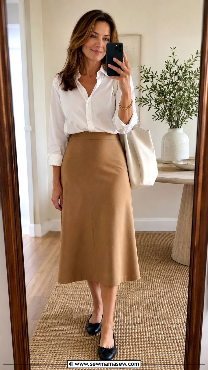 White Button Down Shirt With Camel Midi Skirt - 25 white button down shirt outfits for women over 40