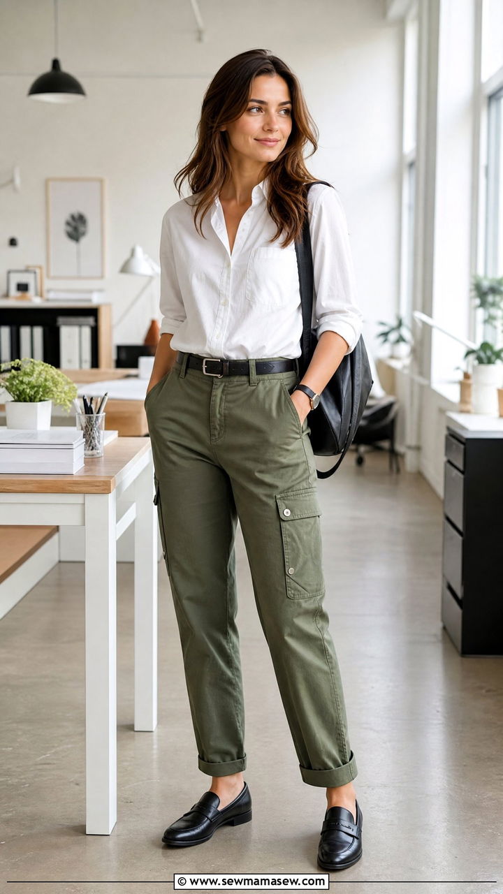 White Button Down Shirt With Cargo Trousers And Loafers - 25 Business casual outfits with button down