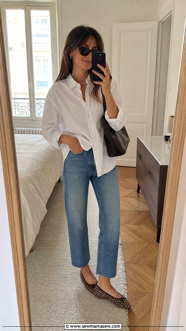 White Button Down Shirt With Cropped Jeans and Leopard Print Flats - 35 French girl spring outfit ideas