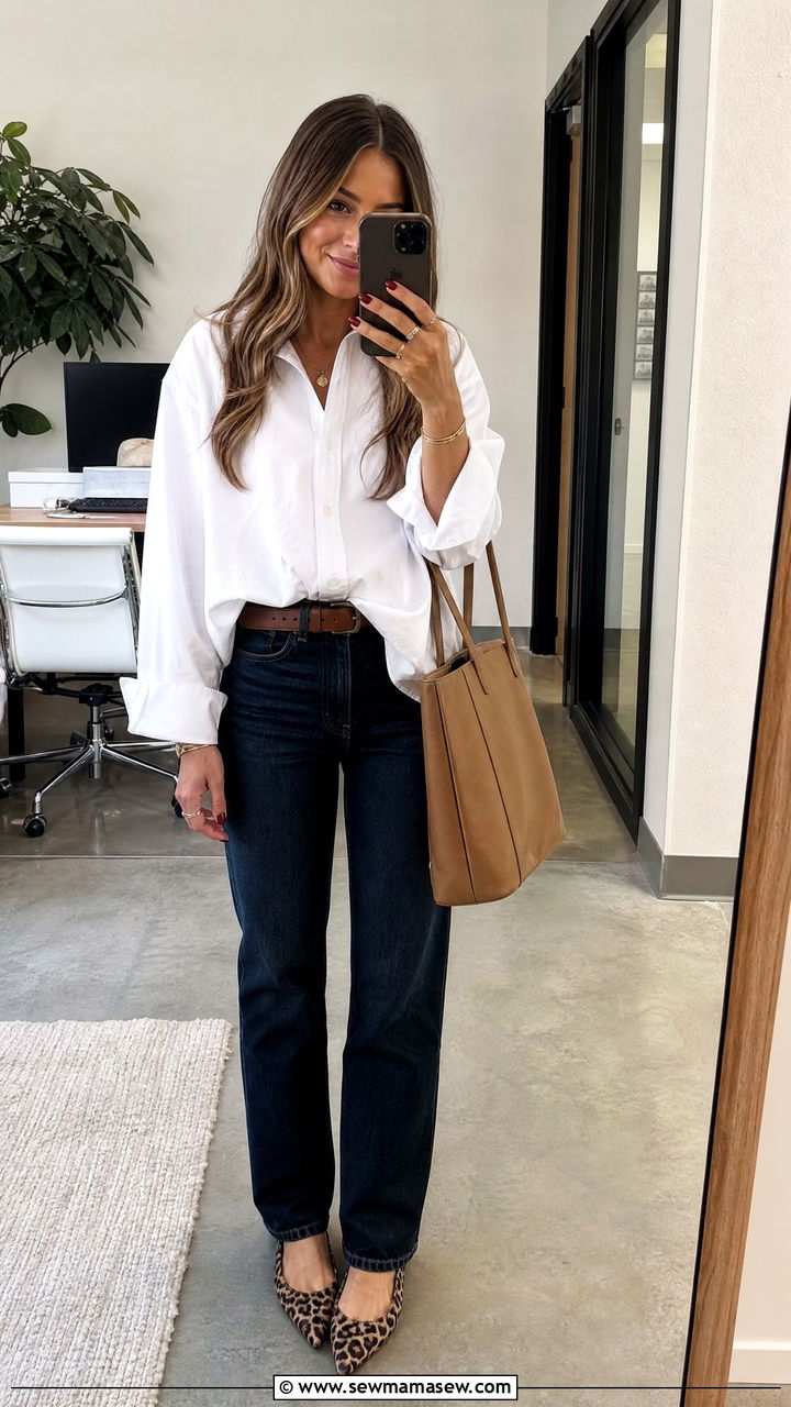 White Button Down Shirt With Dark Wash Straight Leg Jeans - 30 Marketer outfit ideas