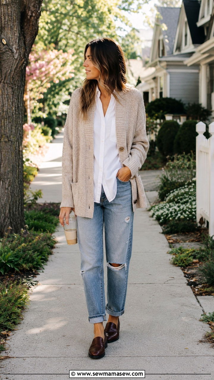White Button Down Shirt With Distressed Jeans And Chunky Cardigan - 30 Warm day cold night outfits