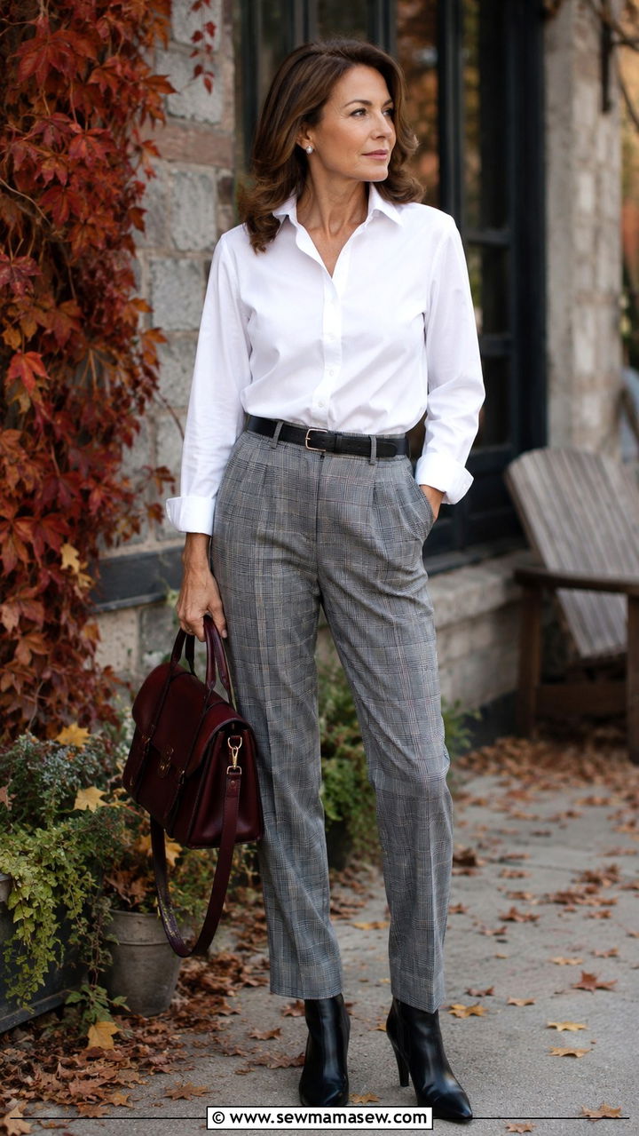 White Button Down Shirt With Gray Plaid Trousers - 25 white button down shirt outfits for women over 40